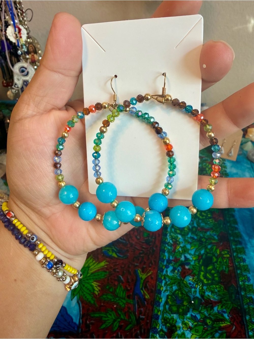 Turquoise Iced Agate Beaded Hoop Earrings with Multicolor Crystal Accents